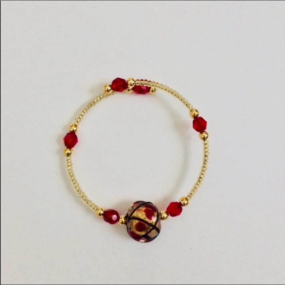 Handmade Red & Gold beaded bracelet memory wire